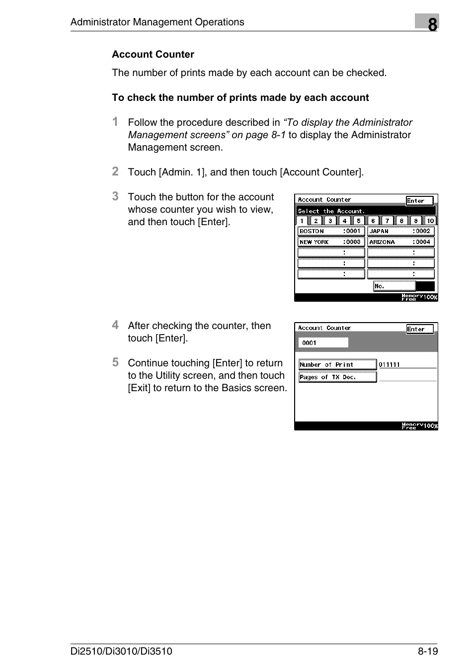 Account counter, To check the number of prints made by each account | Konica Minolta DI3510 User Manual | Page 175 / 334