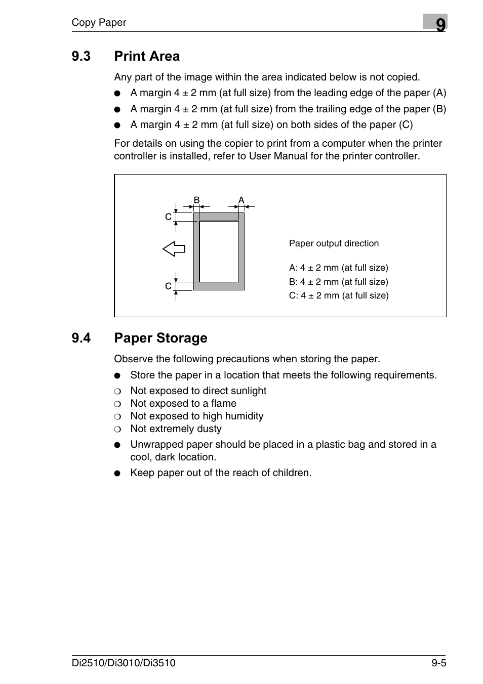 3 print area, 4 paper storage, Print area -5 | Paper storage -5 | Konica Minolta DI3510 User Manual | Page 185 / 334