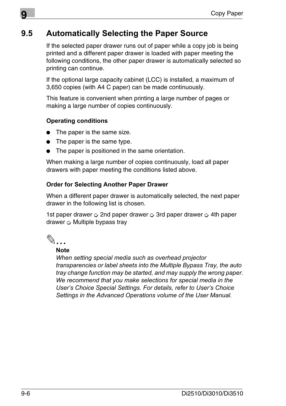 5 automatically selecting the paper source, Operating conditions, Order for selecting another paper drawer | Automatically selecting the paper source -6 | Konica Minolta DI3510 User Manual | Page 186 / 334