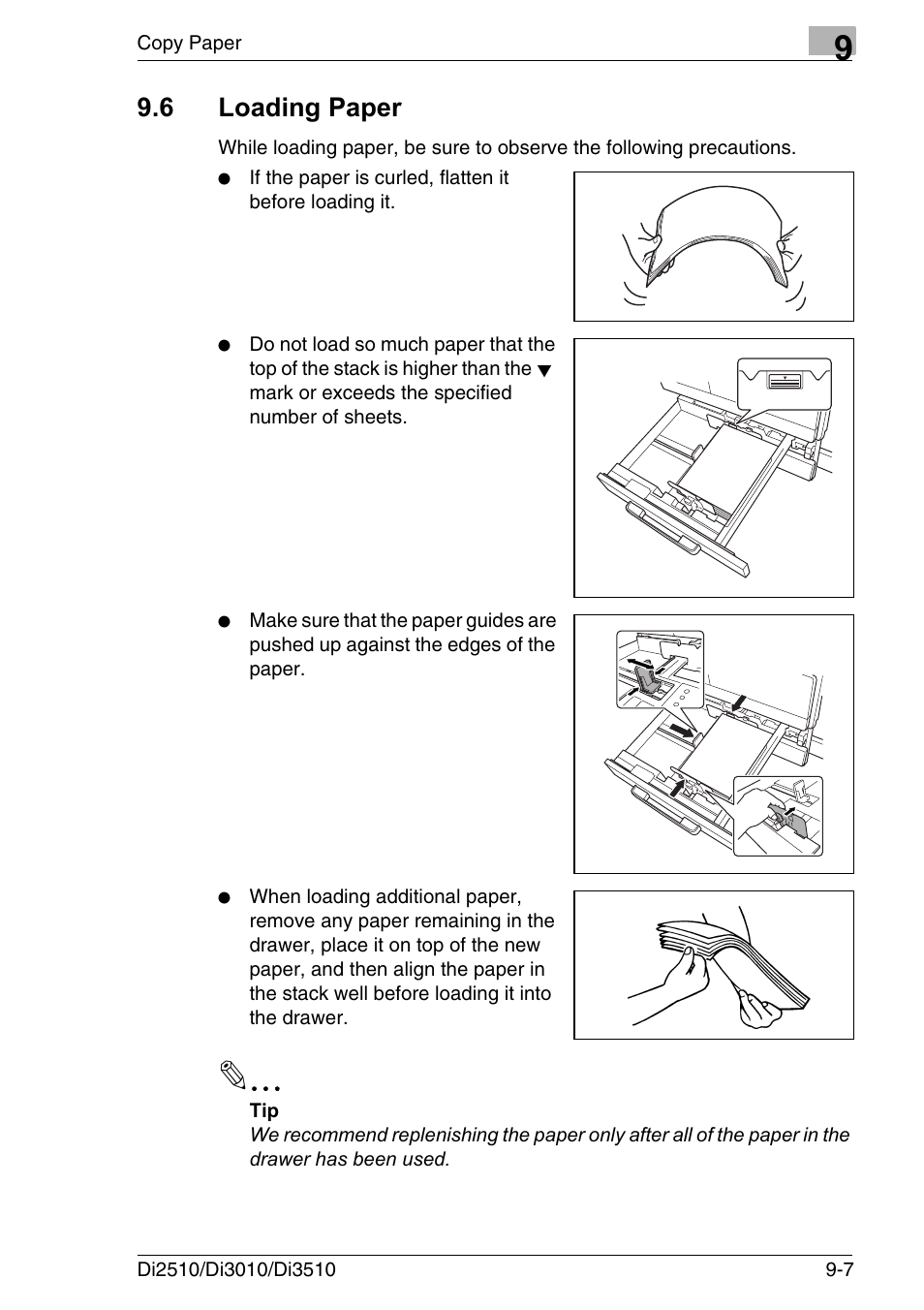 6 loading paper, Loading paper -7 | Konica Minolta DI3510 User Manual | Page 187 / 334