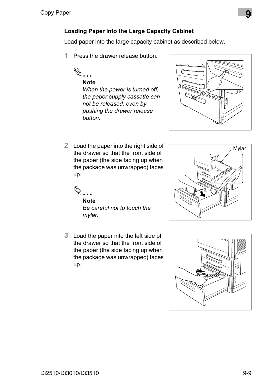 Loading paper into the large capacity cabinet, Loading paper into the large capacity cabinet -9 | Konica Minolta DI3510 User Manual | Page 189 / 334