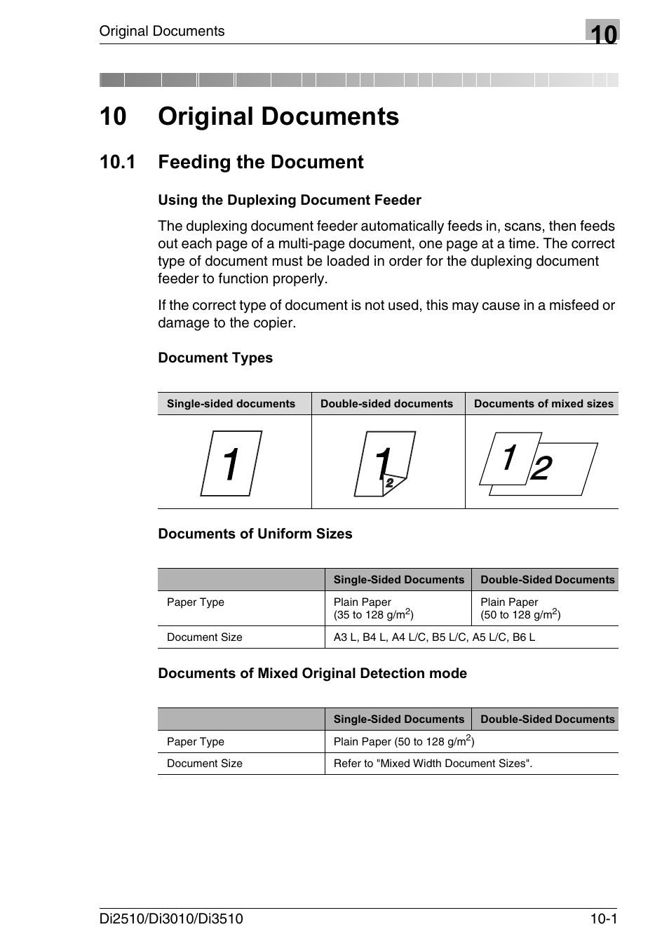 10 original documents, 1 feeding the document, Using the duplexing document feeder | Document types, Documents of uniform sizes, Documents of mixed original detection mode, Feeding the document -1, To “10 original documents | Konica Minolta DI3510 User Manual | Page 201 / 334