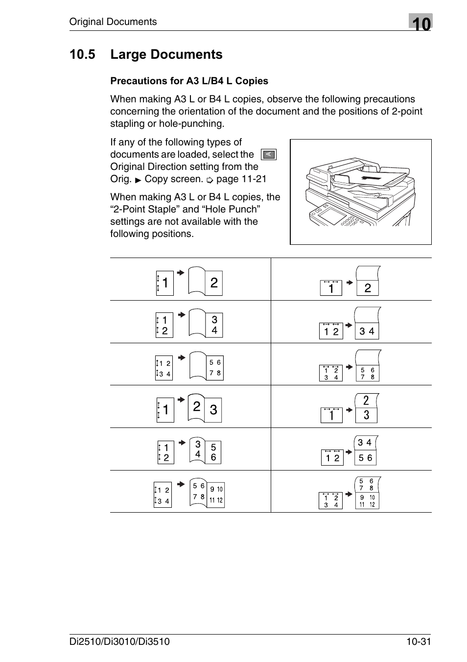 5 large documents, Precautions for a3 l/b4 l copies, Large documents -31 | Precautions for a3 l/b4 l copies -31 | Konica Minolta DI3510 User Manual | Page 231 / 334