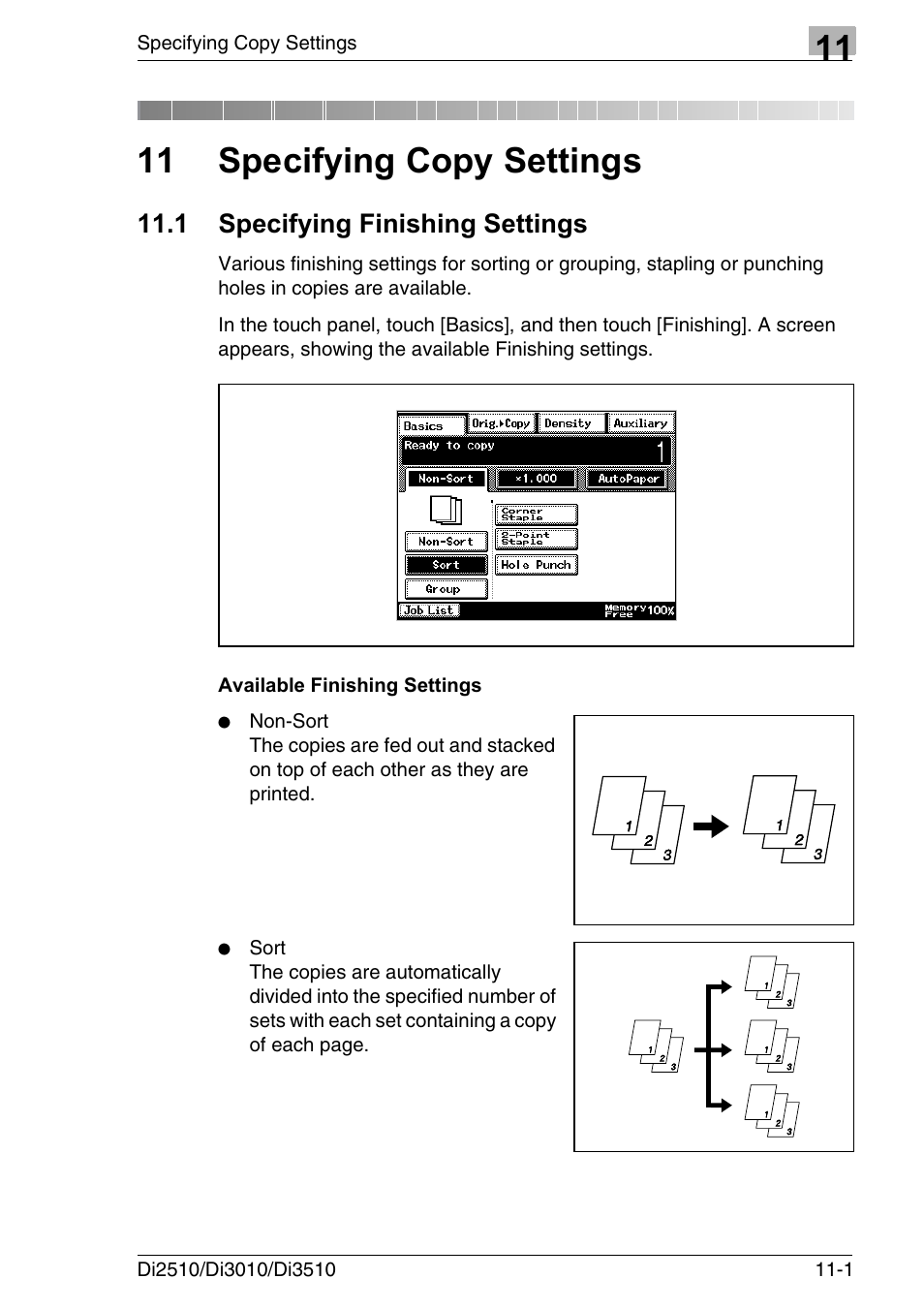 11 specifying copy settings, 1 specifying finishing settings, Available finishing settings | Specifying finishing settings -1, Available finishing settings -1, Refer to “11 specifying copy settings | Konica Minolta DI3510 User Manual | Page 233 / 334