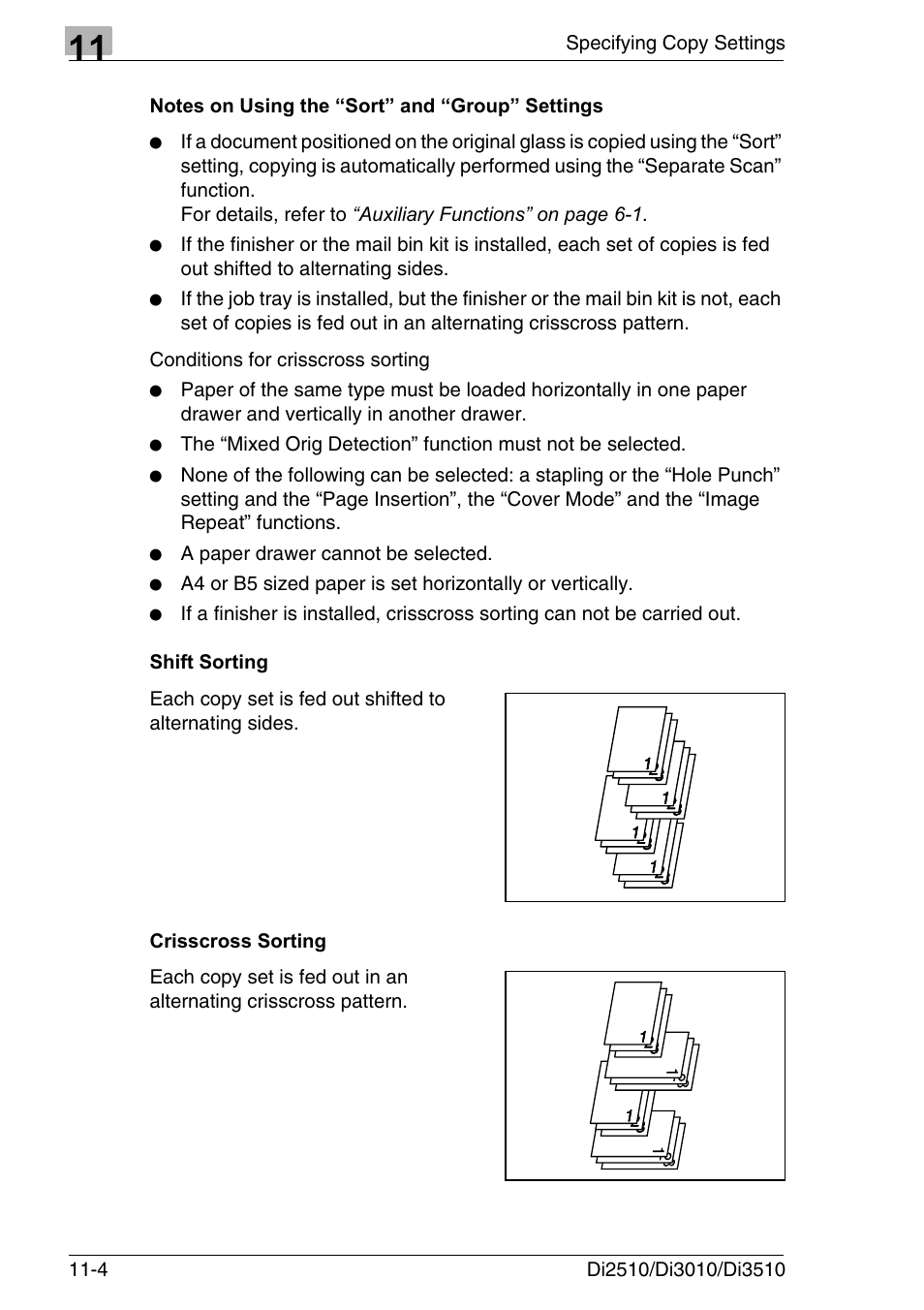 Notes on using the “sort” and “group” settings, Shift sorting, Crisscross sorting | Konica Minolta DI3510 User Manual | Page 236 / 334