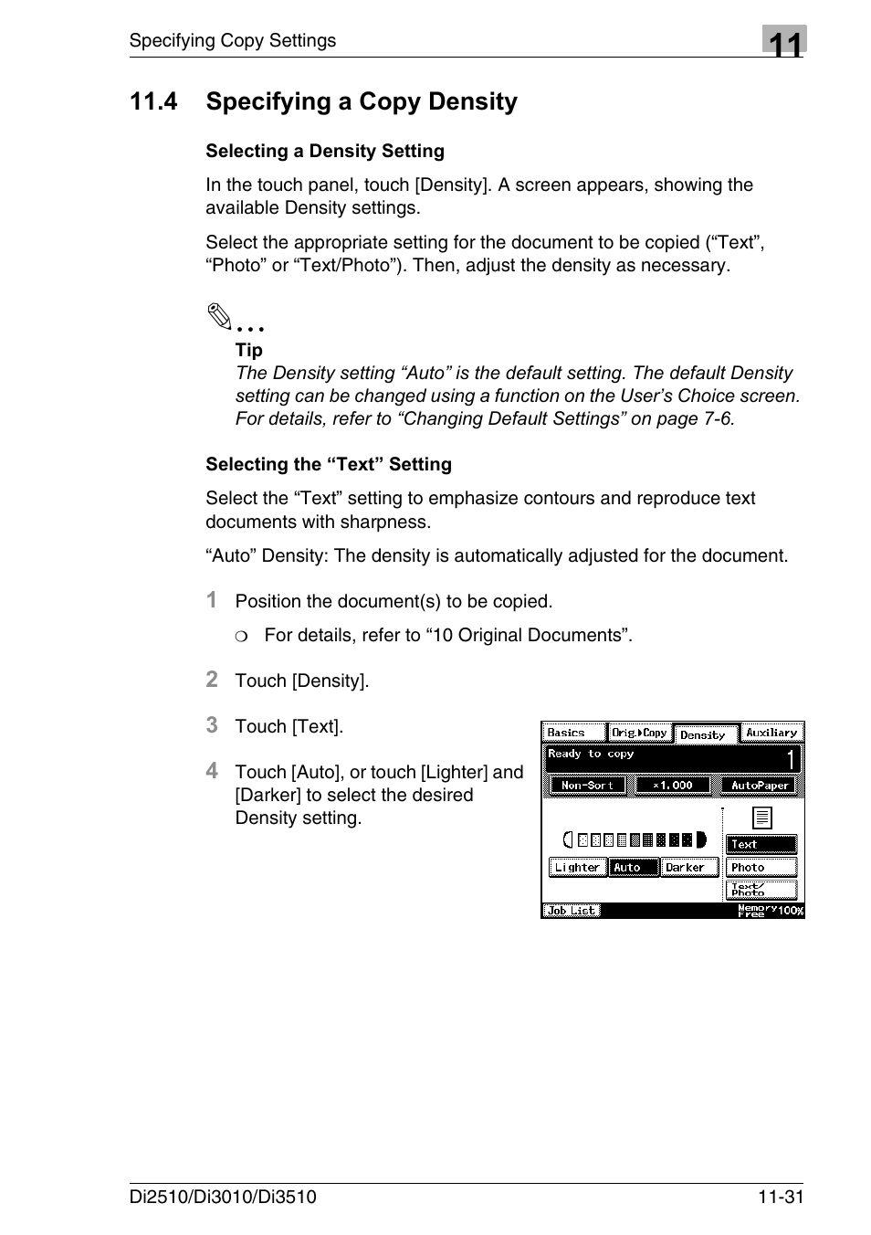 4 specifying a copy density, Selecting a density setting, Selecting the “text” setting | Specifying a copy density -31 | Konica Minolta DI3510 User Manual | Page 263 / 334