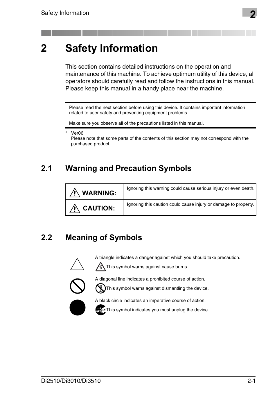 2 safety information, 1 warning and precaution symbols, 2 meaning of symbols | Safety information, Warning and precaution symbols -1, Meaning of symbols -1, 2safety information | Konica Minolta DI3510 User Manual | Page 29 / 334