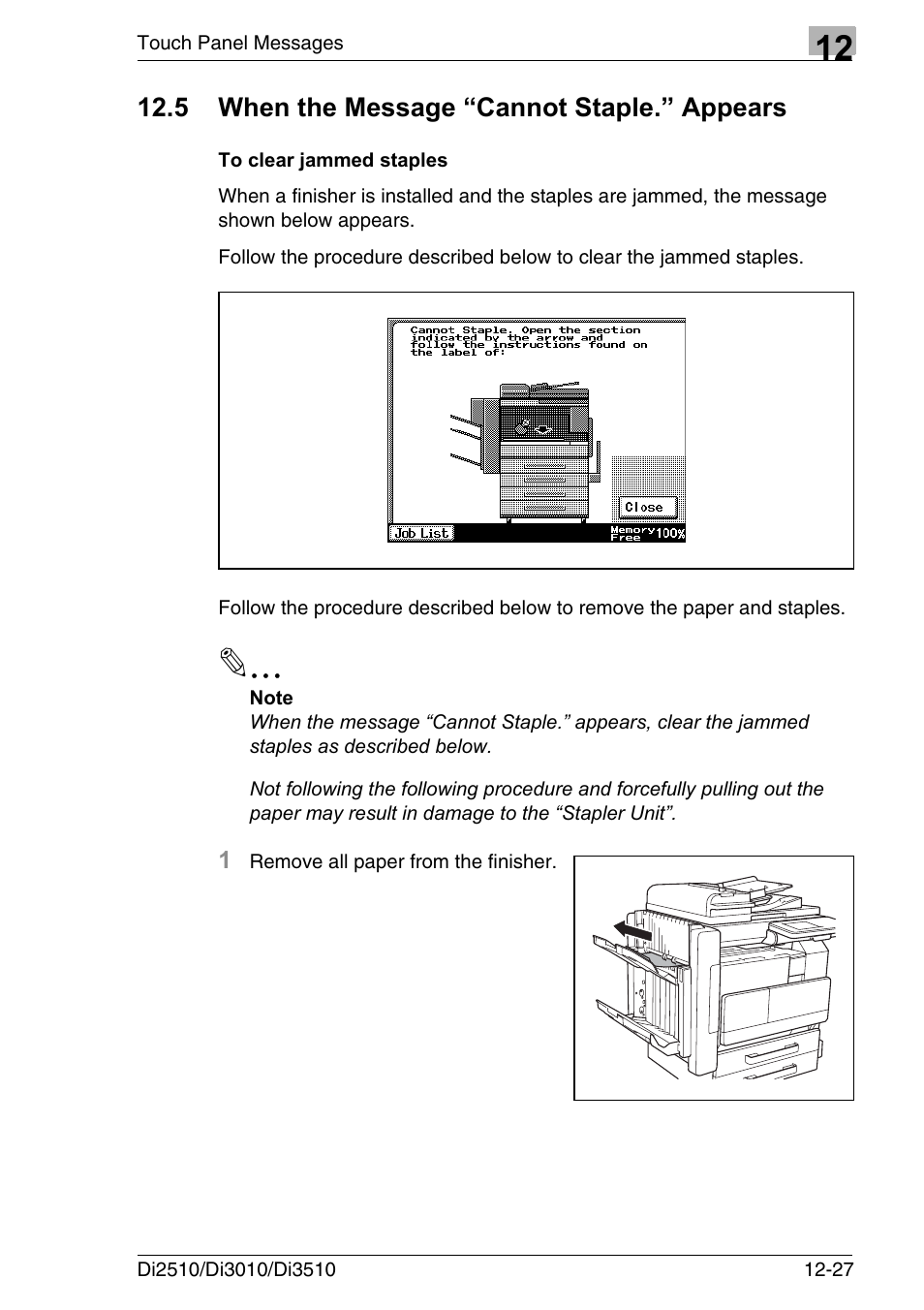 5 when the message “cannot staple.” appears, To clear jammed staples, When the message “cannot staple.” appears -27 | To clear jammed staples -27 | Konica Minolta DI3510 User Manual | Page 293 / 334