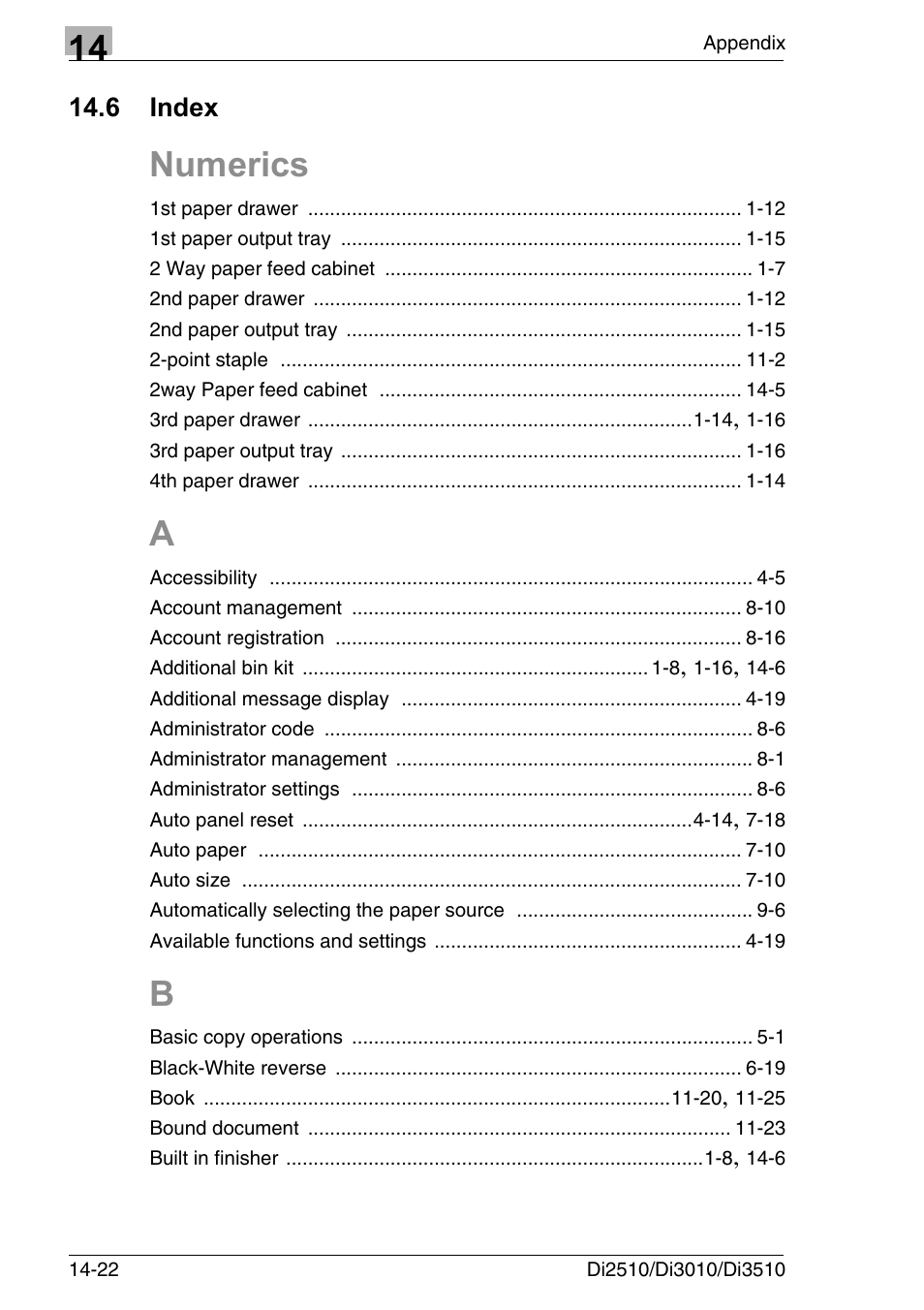 6 index, Index -22, Numerics | Konica Minolta DI3510 User Manual | Page 326 / 334