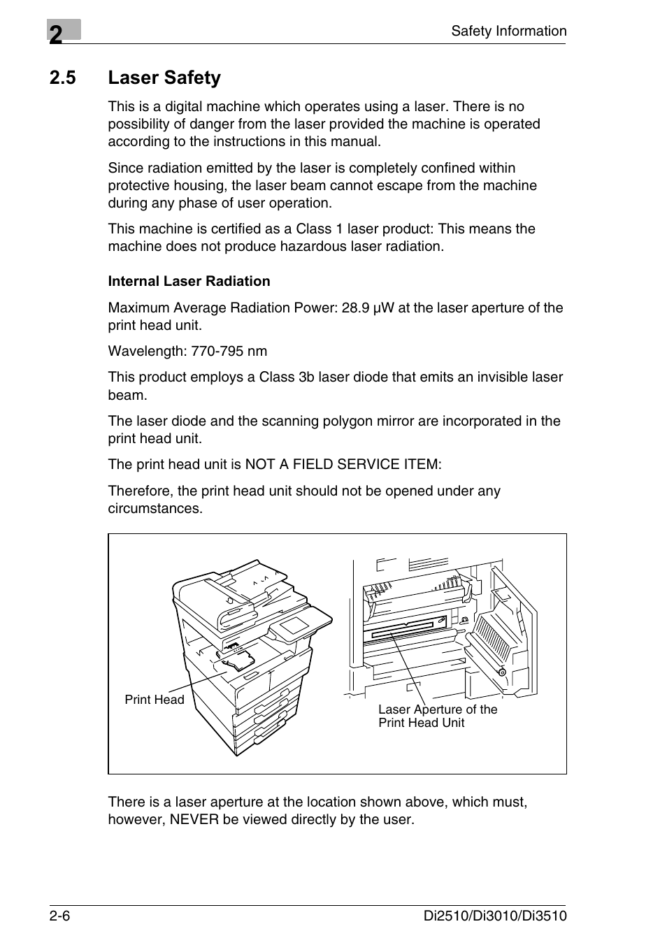 5 laser safety, Internal laser radiation, Laser safety -6 | Internal laser radiation -6 | Konica Minolta DI3510 User Manual | Page 34 / 334