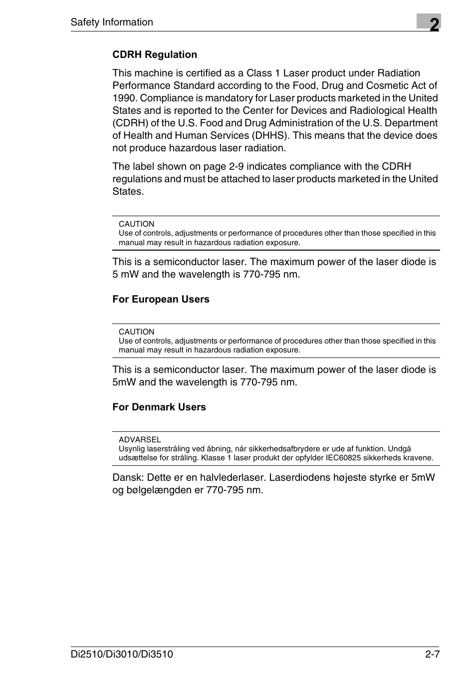 Cdrh regulation, For european users, For denmark users | Konica Minolta DI3510 User Manual | Page 35 / 334