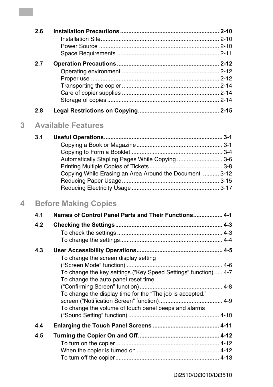 3available features, 4before making copies | Konica Minolta DI3510 User Manual | Page 4 / 334