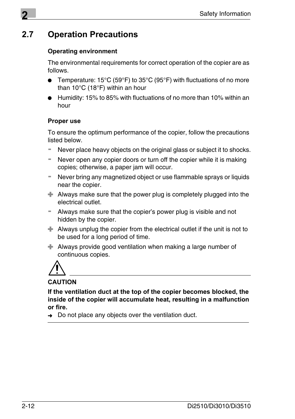 7 operation precautions, Operating environment, Proper use | Operation precautions -12, Operating environment -12 proper use -12 | Konica Minolta DI3510 User Manual | Page 40 / 334