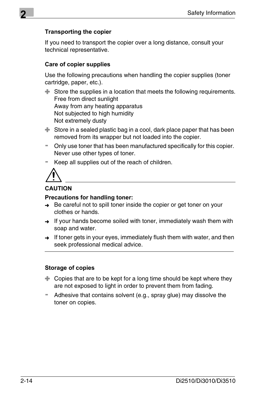 Transporting the copier, Care of copier supplies, Storage of copies | Konica Minolta DI3510 User Manual | Page 42 / 334