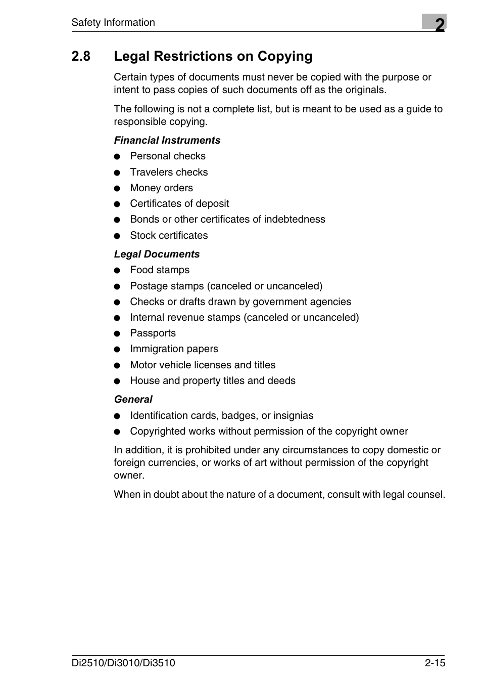 8 legal restrictions on copying, Legal restrictions on copying -15 | Konica Minolta DI3510 User Manual | Page 43 / 334