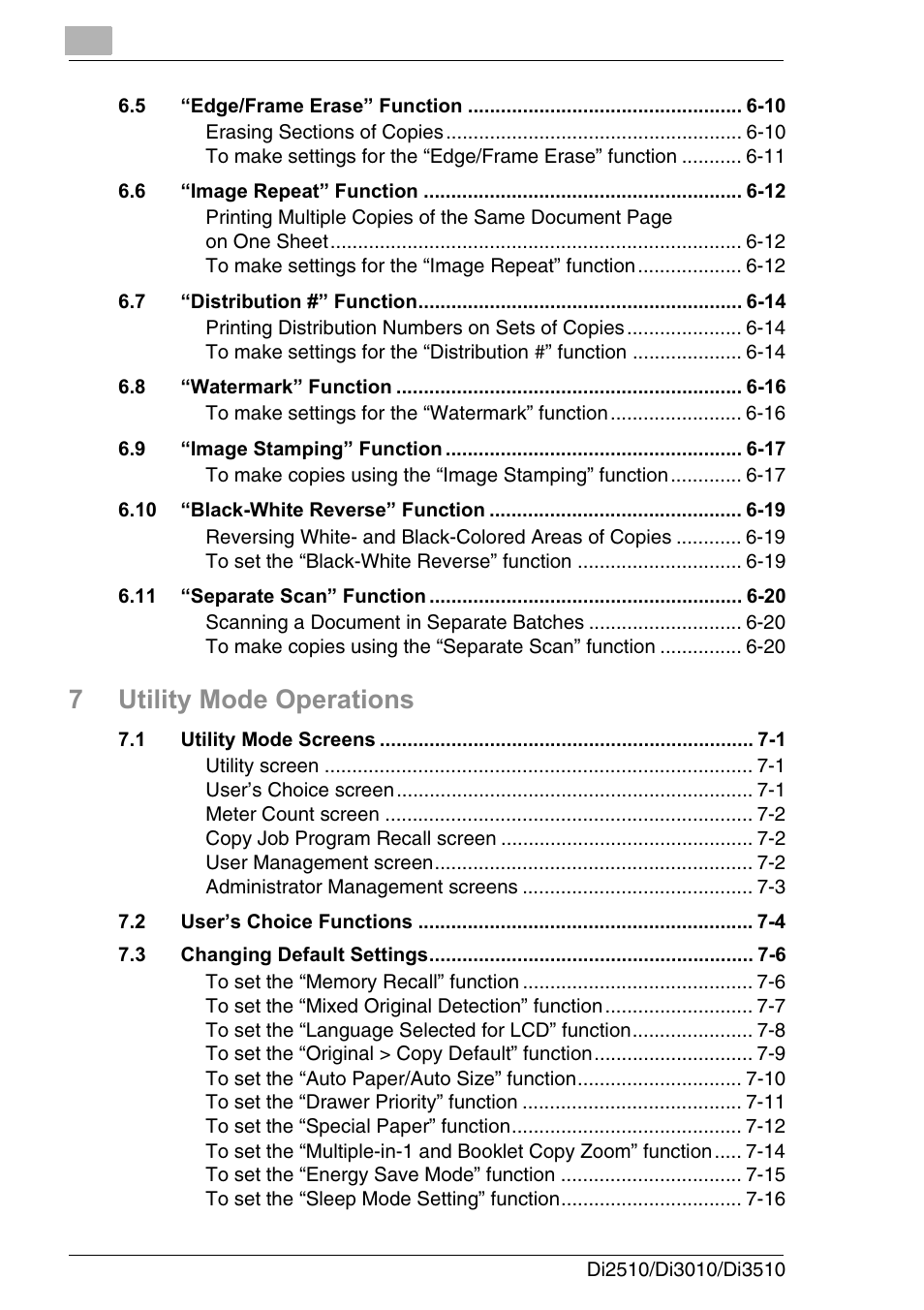 7utility mode operations | Konica Minolta DI3510 User Manual | Page 6 / 334
