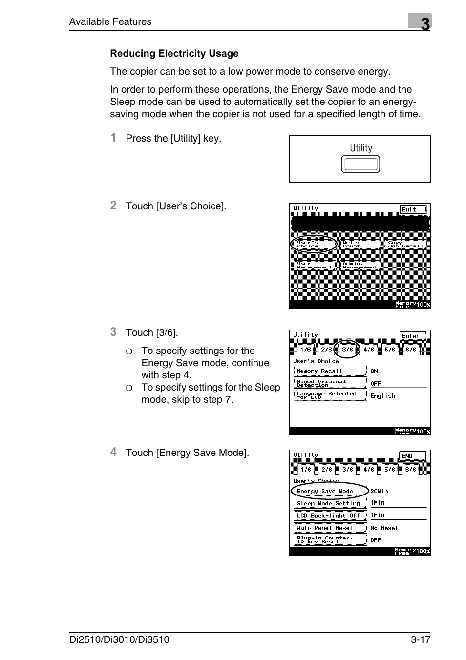 Reducing electricity usage, Reducing electricity usage -17 | Konica Minolta DI3510 User Manual | Page 61 / 334