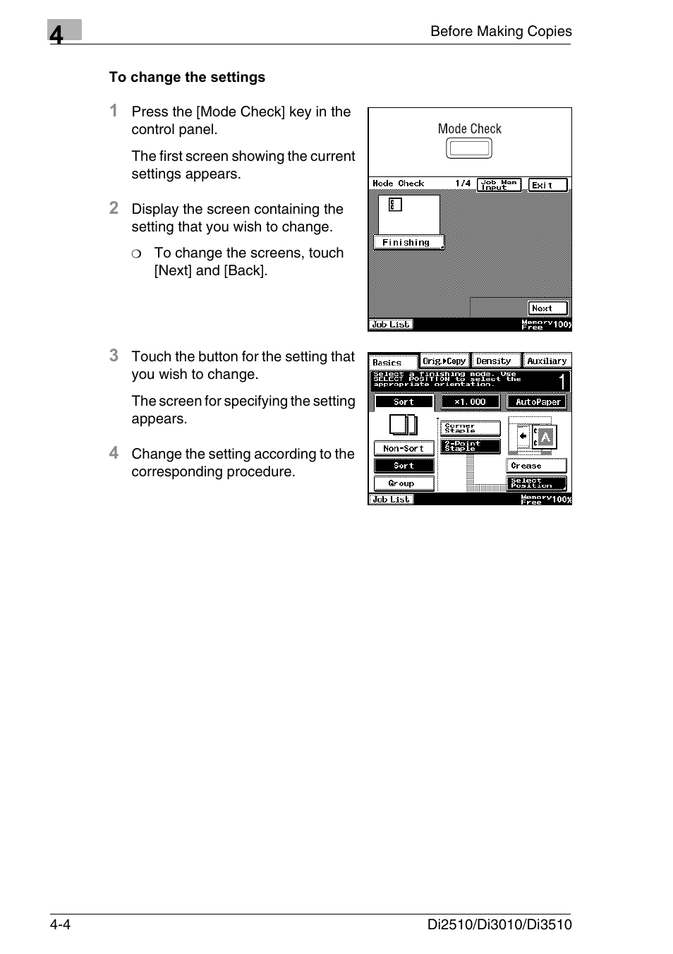 To change the settings, To change the settings -4 | Konica Minolta DI3510 User Manual | Page 68 / 334