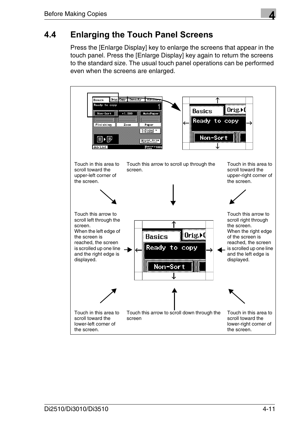 4 enlarging the touch panel screens, Enlarging the touch panel screens -11 | Konica Minolta DI3510 User Manual | Page 75 / 334