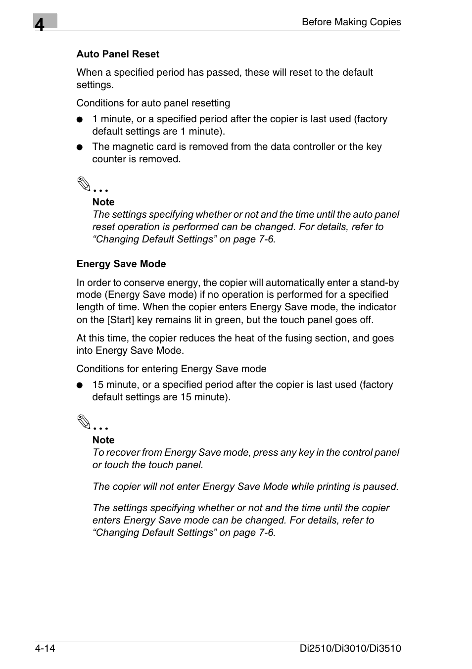Auto panel reset, Energy save mode, Auto panel reset -14 energy save mode -14 | Konica Minolta DI3510 User Manual | Page 78 / 334