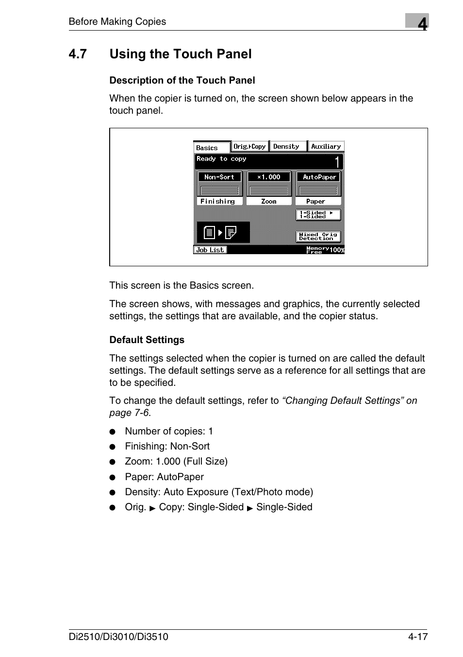 7 using the touch panel, Description of the touch panel, Default settings | Using the touch panel -17 | Konica Minolta DI3510 User Manual | Page 81 / 334