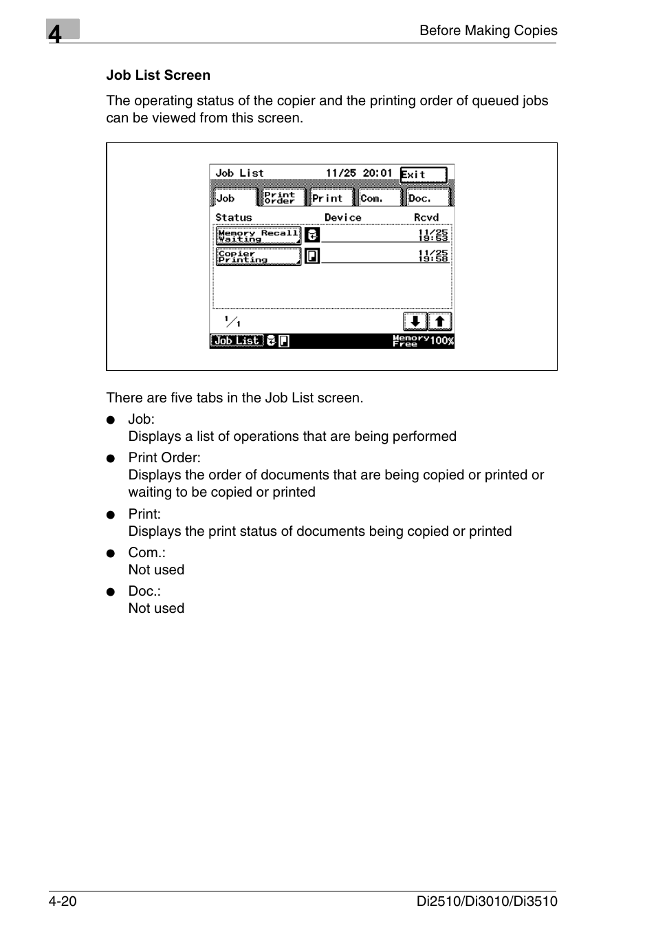 Job list screen, Job list screen -20 | Konica Minolta DI3510 User Manual | Page 84 / 334