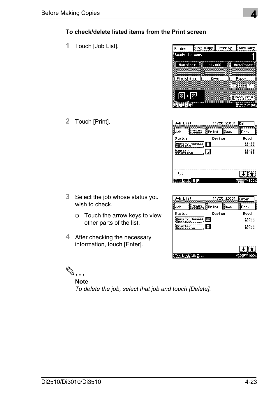 To check/delete listed items from the print screen | Konica Minolta DI3510 User Manual | Page 87 / 334