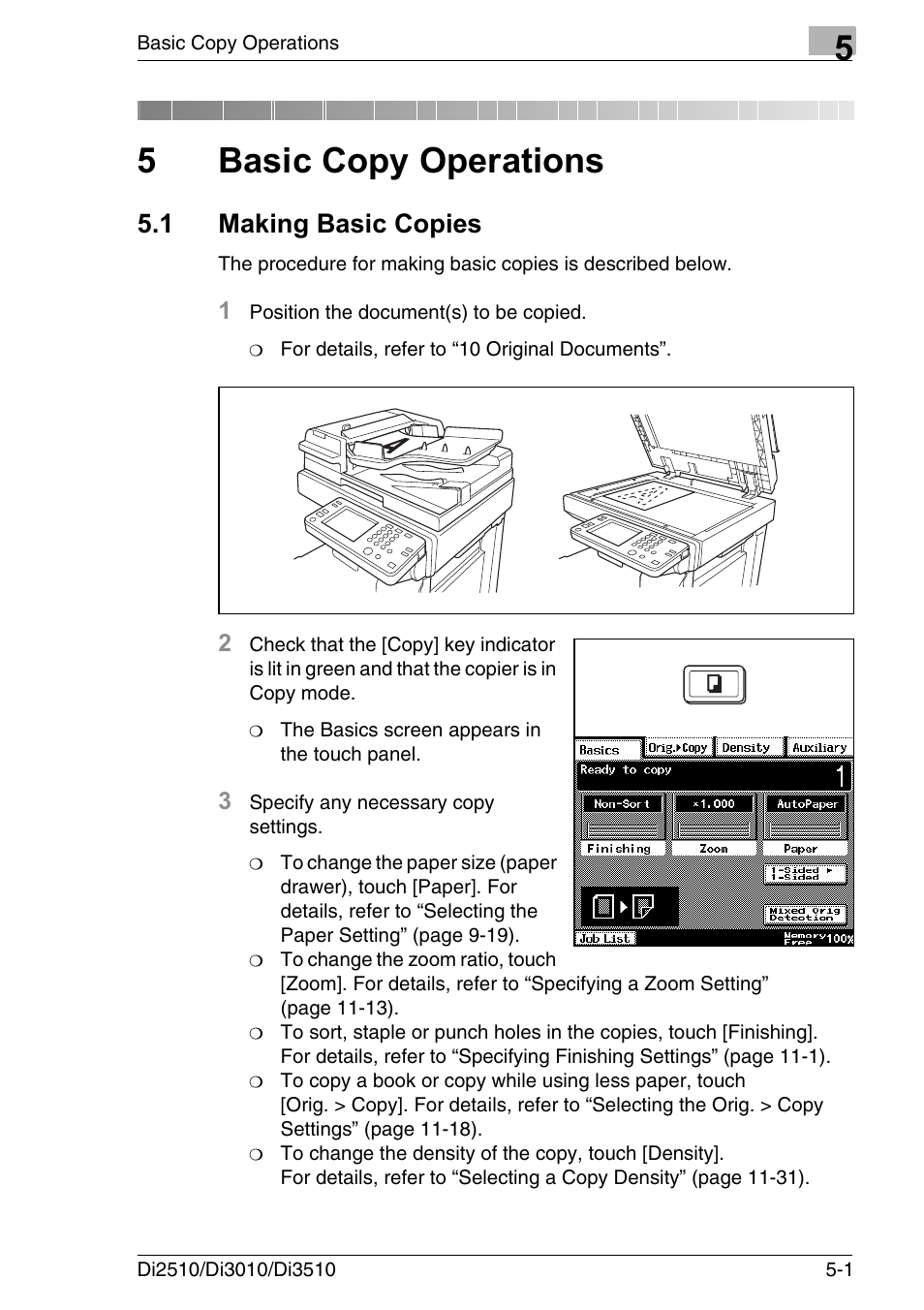 5 basic copy operations, 1 making basic copies, Basic copy operations | Making basic copies -1, 5basic copy operations | Konica Minolta DI3510 User Manual | Page 91 / 334