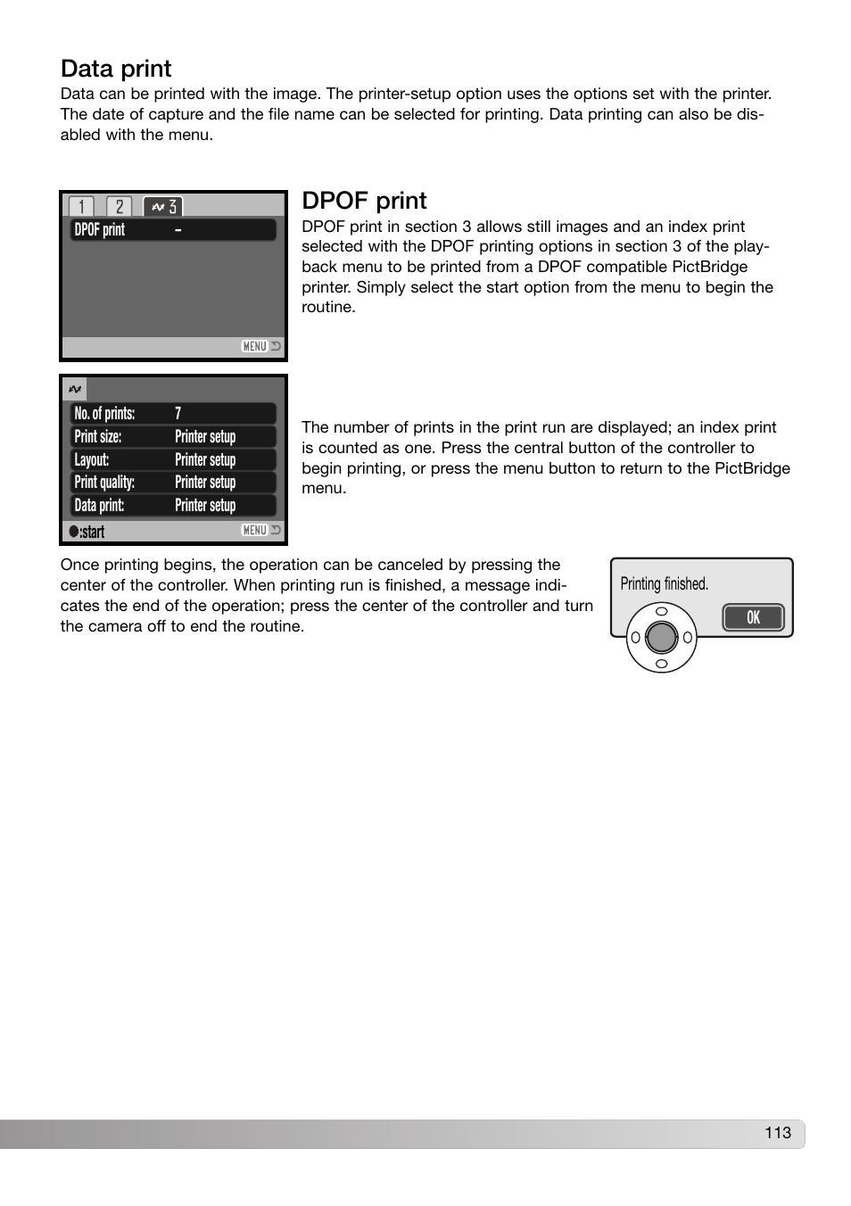 Data print, Dpof print | Konica Minolta Z3 User Manual | Page 113 / 124