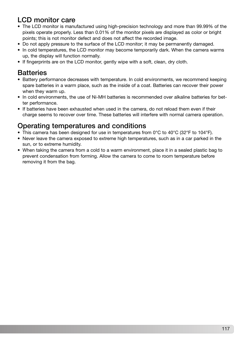 Lcd monitor care, Batteries, Operating temperatures and conditions | Konica Minolta Z3 User Manual | Page 117 / 124