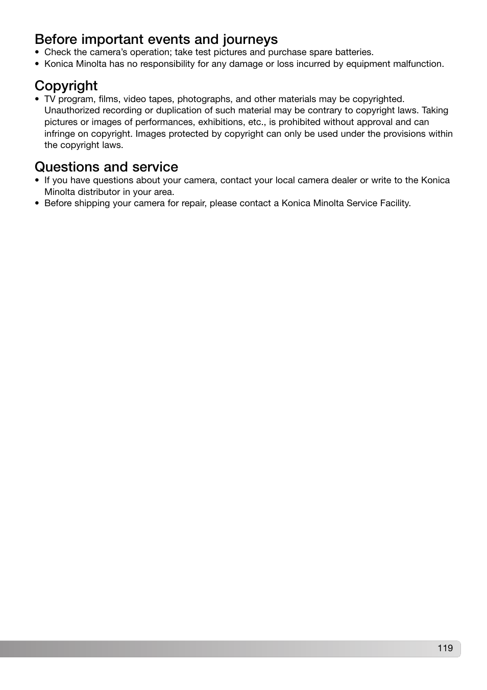Before important events and journeys, Copyright, Questions and service | Konica Minolta Z3 User Manual | Page 119 / 124