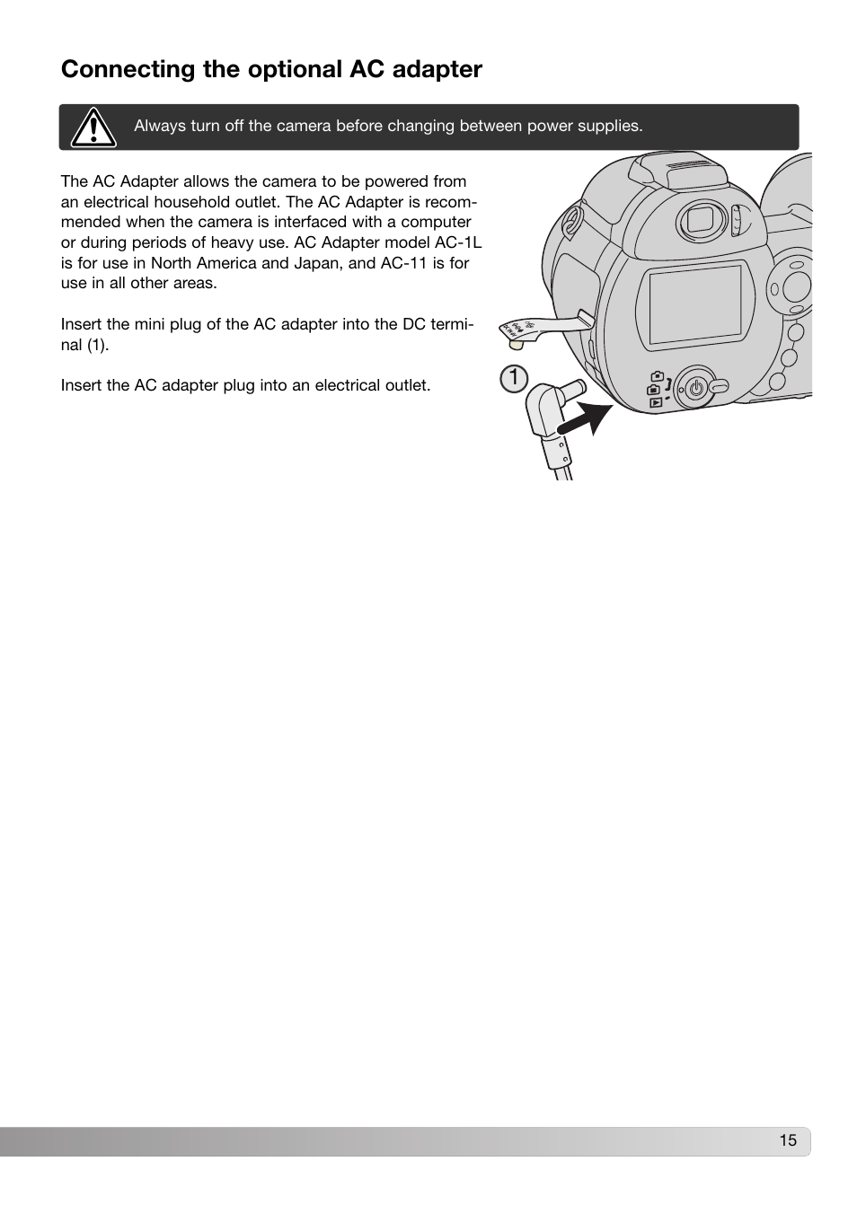 Connecting the optional ac adapter | Konica Minolta Z3 User Manual | Page 15 / 124