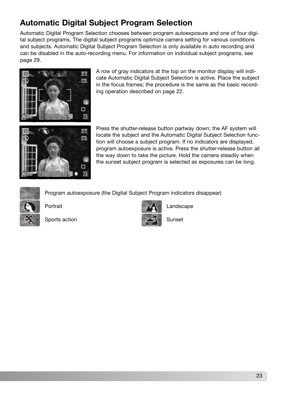 Automatic digital subject program selection | Konica Minolta Z3 User Manual | Page 23 / 124