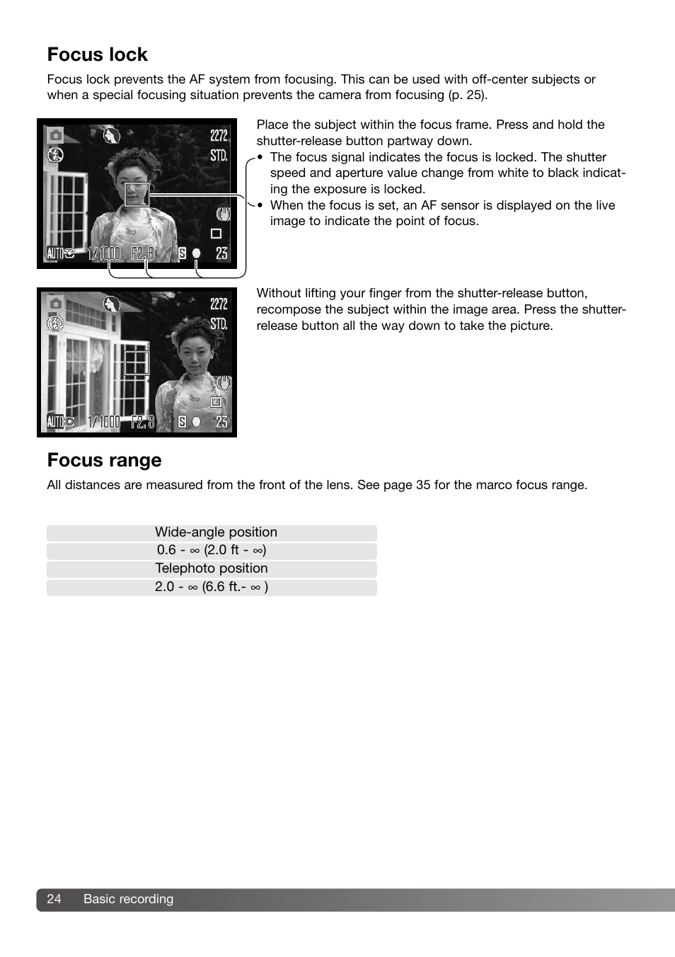 Focus lock focus range, Focus lock, Focus range | Konica Minolta Z3 User Manual | Page 24 / 124