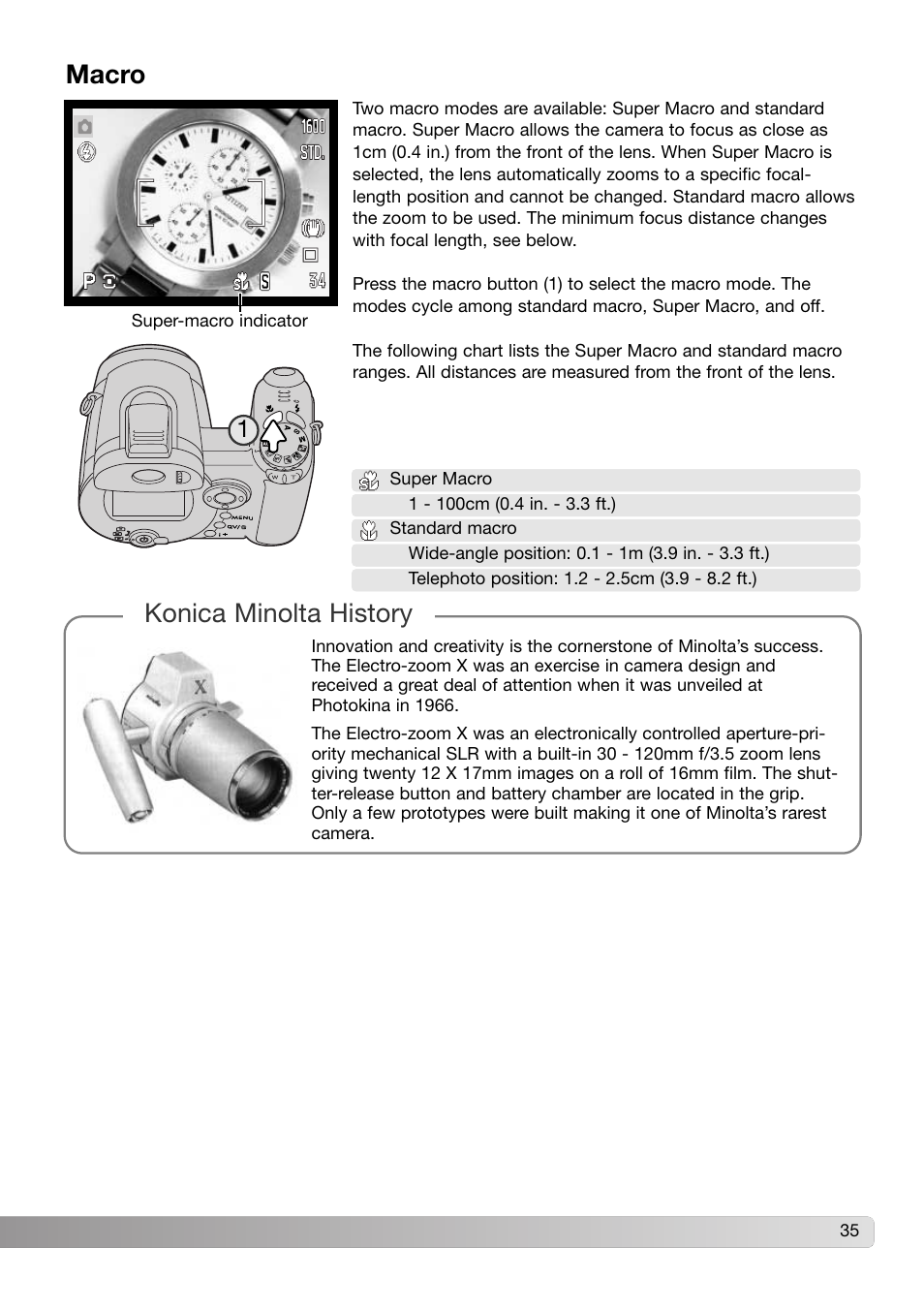 Macro, Konica minolta history | Konica Minolta Z3 User Manual | Page 35 / 124
