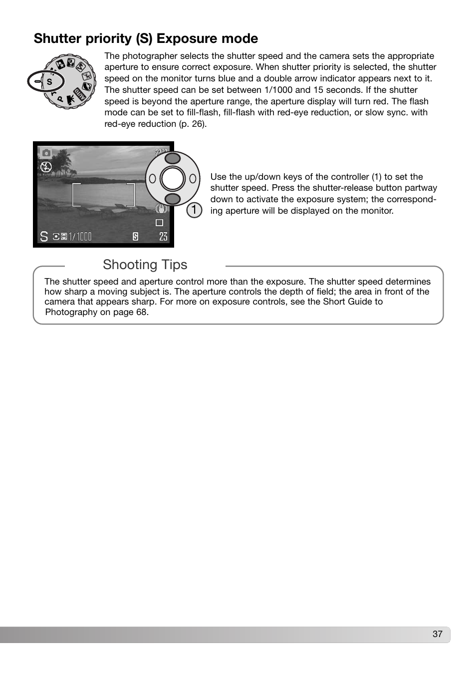 Shutter priority (s) exposure mode, Shutter priority (s) exposure mode shooting tips | Konica Minolta Z3 User Manual | Page 37 / 124