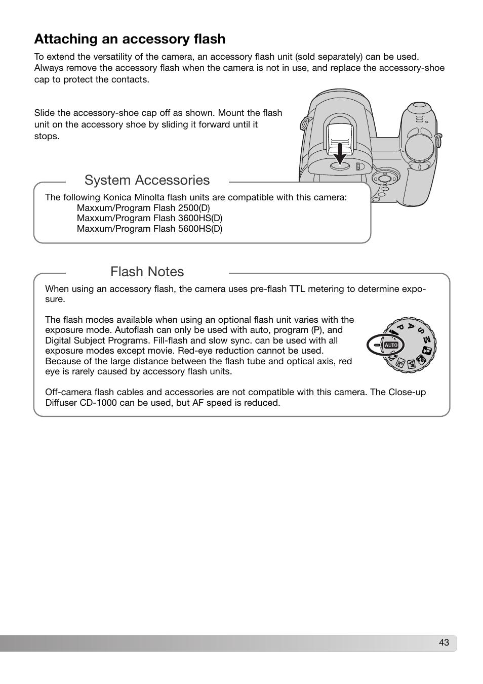 Attaching an accessory flash, System accessories | Konica Minolta Z3 User Manual | Page 43 / 124