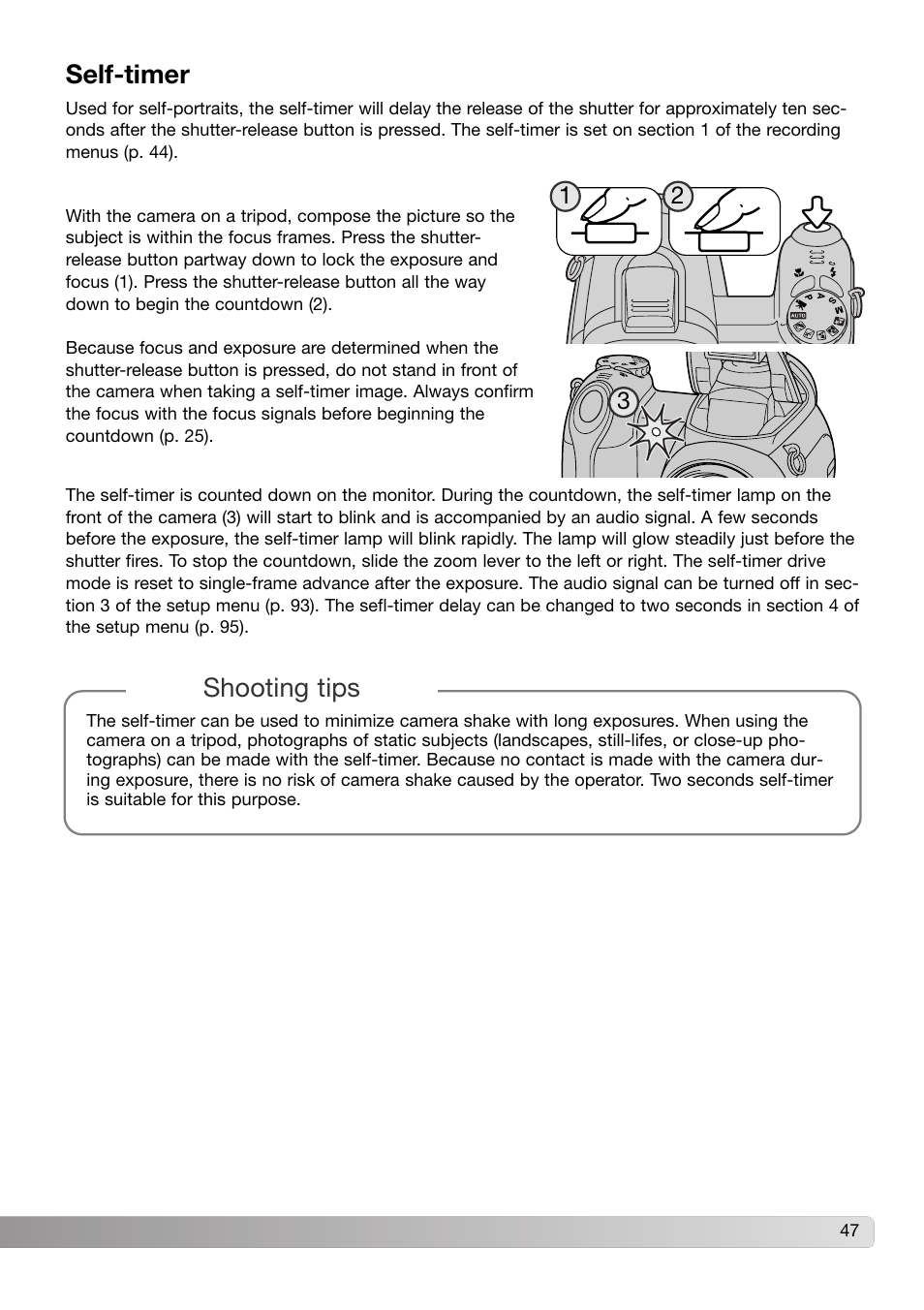 Self-timer, Shooting tips self-timer | Konica Minolta Z3 User Manual | Page 47 / 124