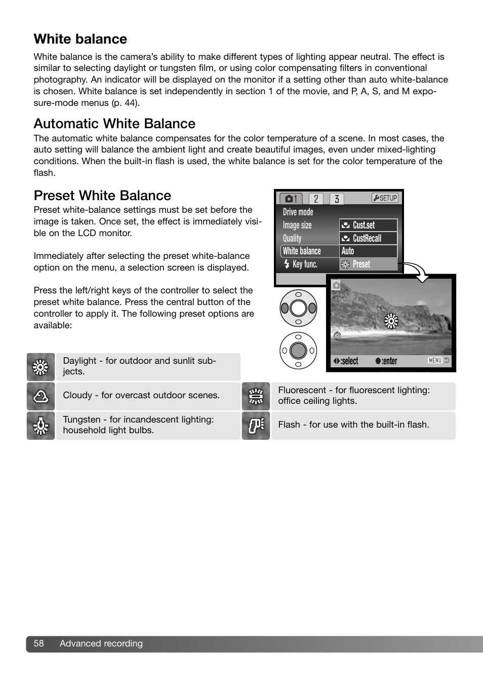 White balance, Automatic white balance preset white balance | Konica Minolta Z3 User Manual | Page 58 / 124