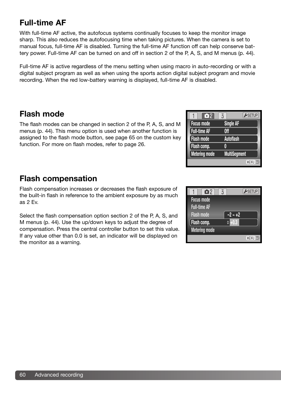 Full-time af flash mode flash compensation, Full-time af, Flash mode | Flash compensation | Konica Minolta Z3 User Manual | Page 60 / 124