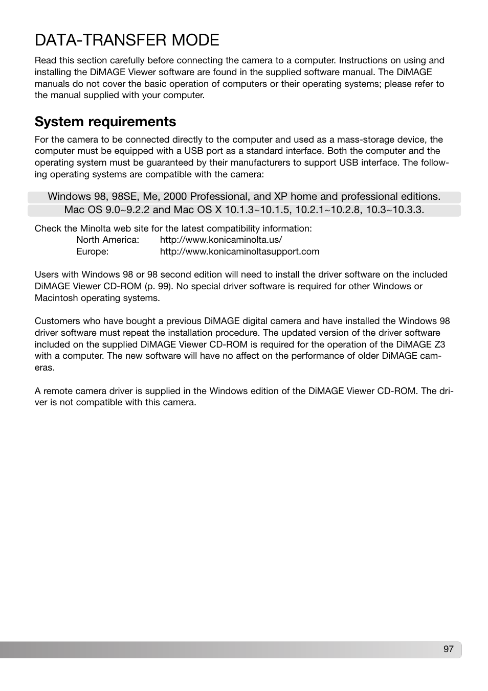 Data-transfer mode, System requirements | Konica Minolta Z3 User Manual | Page 97 / 124