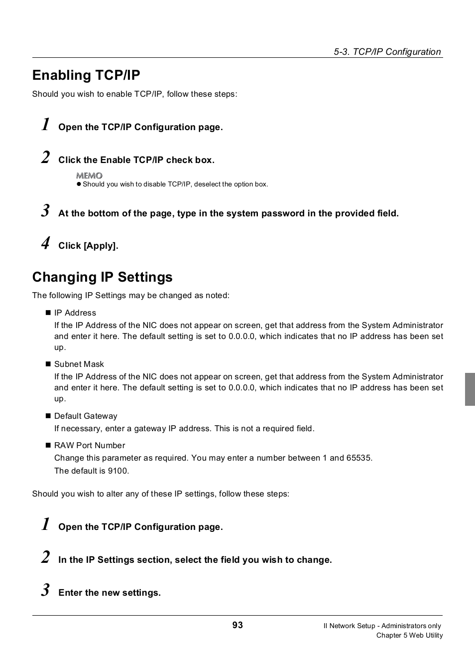 Enabling tcp/ip, Changing ip settings, Enabling tcp/ip changing ip settings | Konica Minolta 7235 User Manual | Page 102 / 230