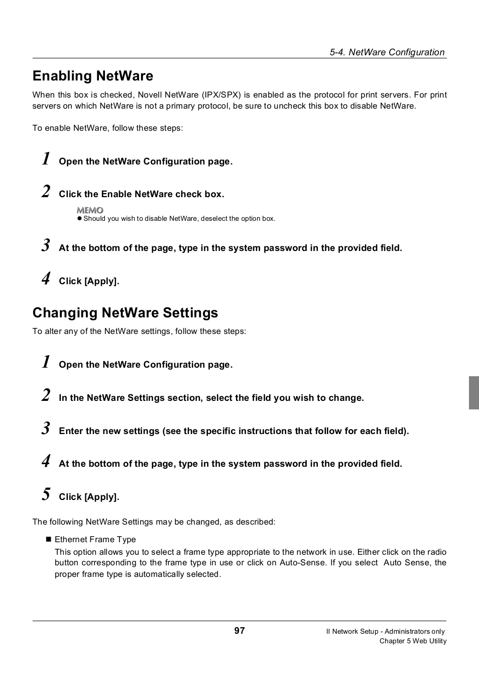 Enabling netware, Changing netware settings, Enabling netware changing netware settings | Konica Minolta 7235 User Manual | Page 106 / 230