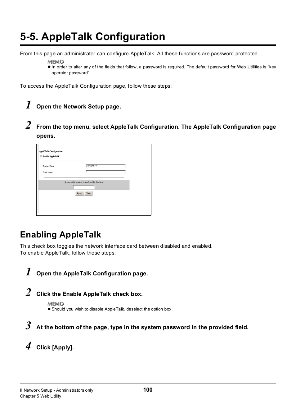 5. appletalk configuration, Enabling appletalk, Appletalk configuration | Konica Minolta 7235 User Manual | Page 109 / 230