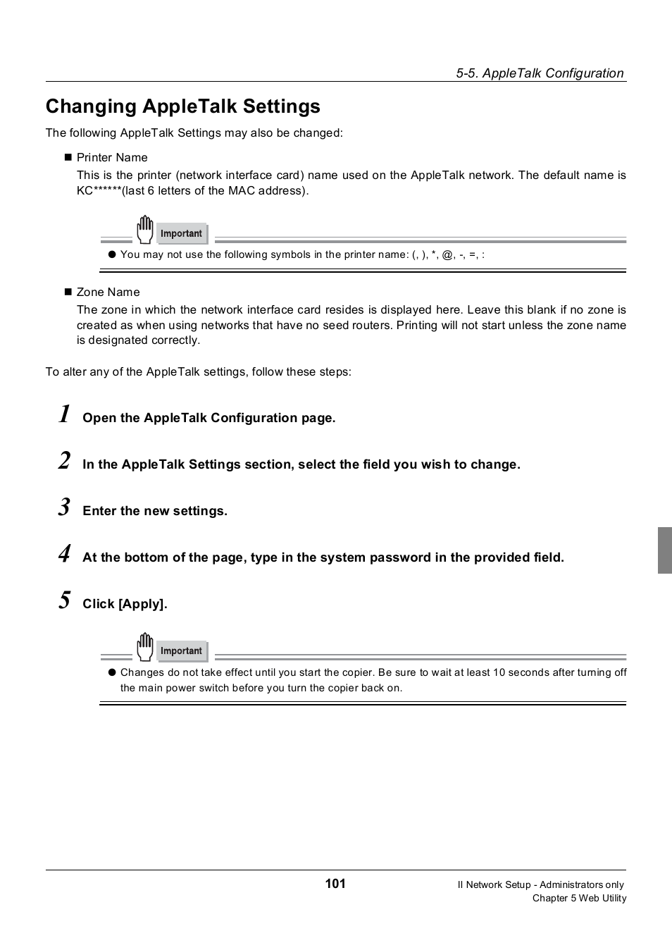 Changing appletalk settings | Konica Minolta 7235 User Manual | Page 110 / 230