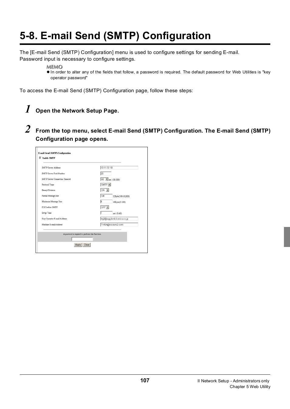 8. e-mail send (smtp) configuration, E-mail send (smtp) configuration | Konica Minolta 7235 User Manual | Page 116 / 230