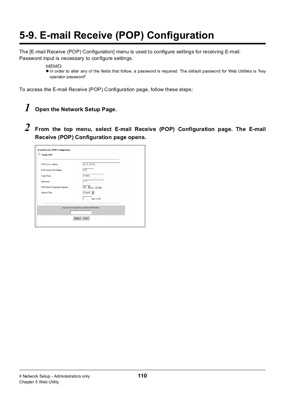 9. e-mail receive (pop) configuration, E-mail receive (pop) configuration | Konica Minolta 7235 User Manual | Page 119 / 230