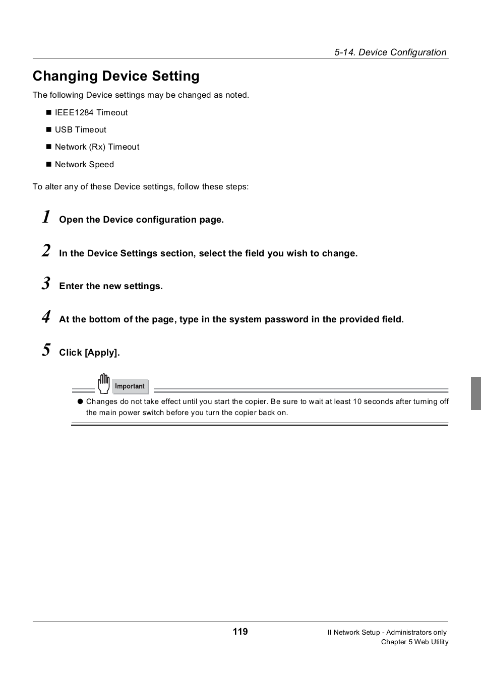 Changing device setting | Konica Minolta 7235 User Manual | Page 128 / 230