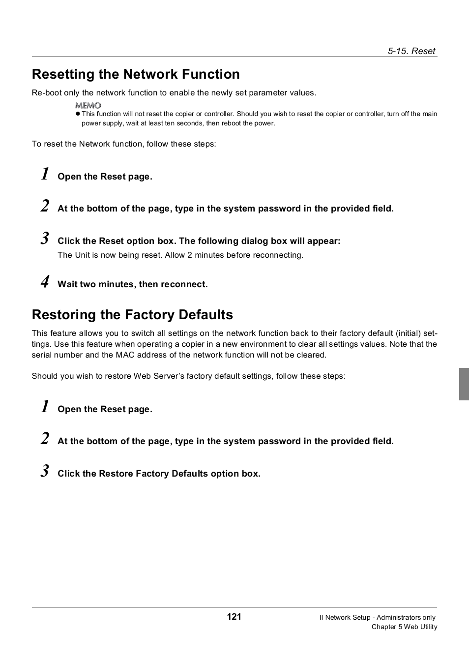 Resetting the network function, Restoring the factory defaults | Konica Minolta 7235 User Manual | Page 130 / 230