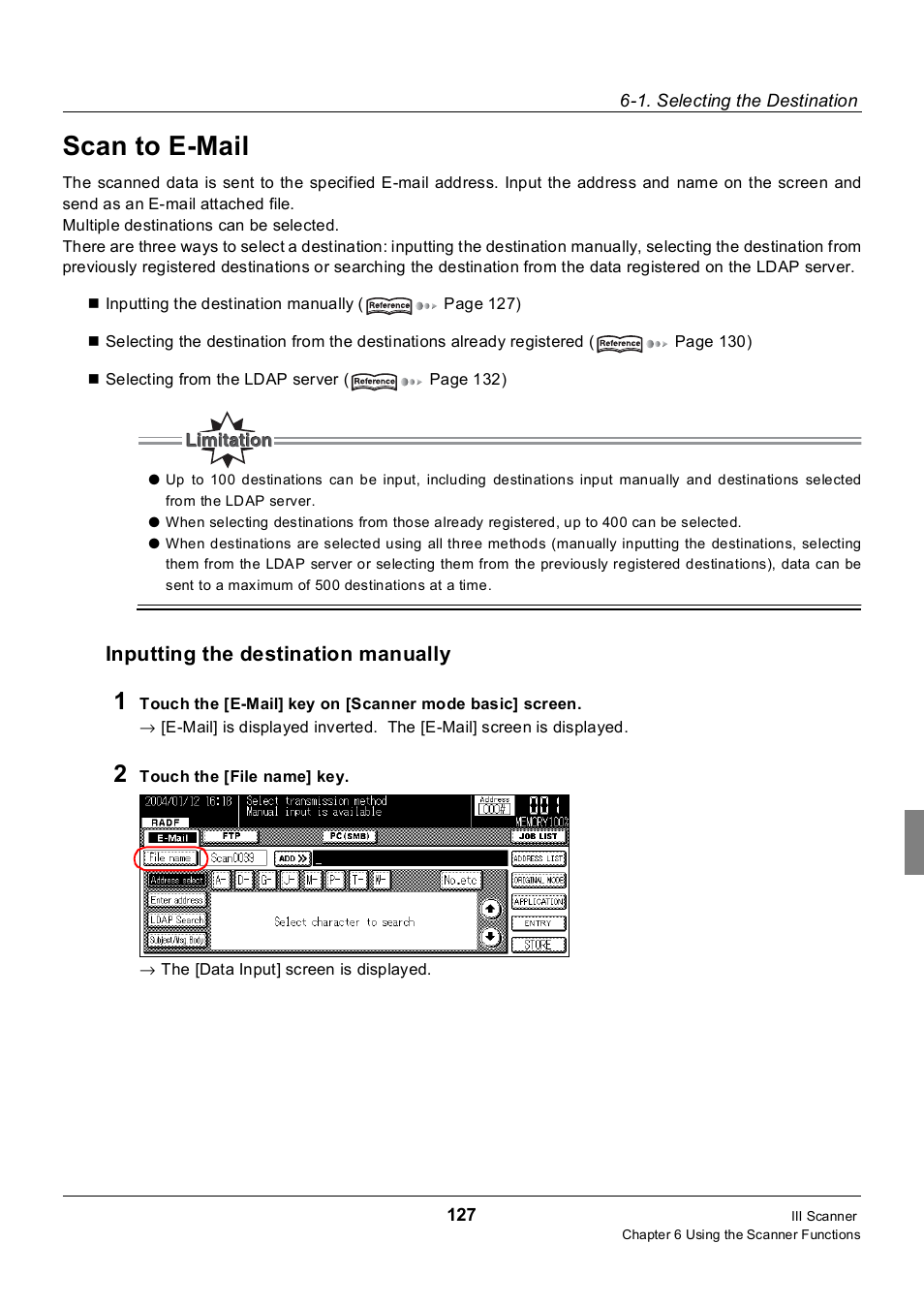 Scan to e-mail, Inputting the destination manually | Konica Minolta 7235 User Manual | Page 136 / 230